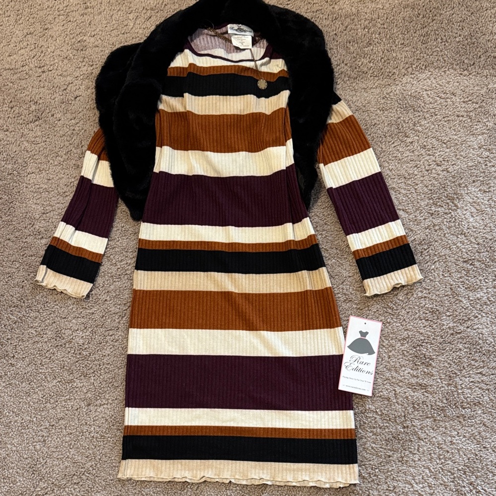 Rare Editions Multicolor Striped Dress with Faux Fur Collar